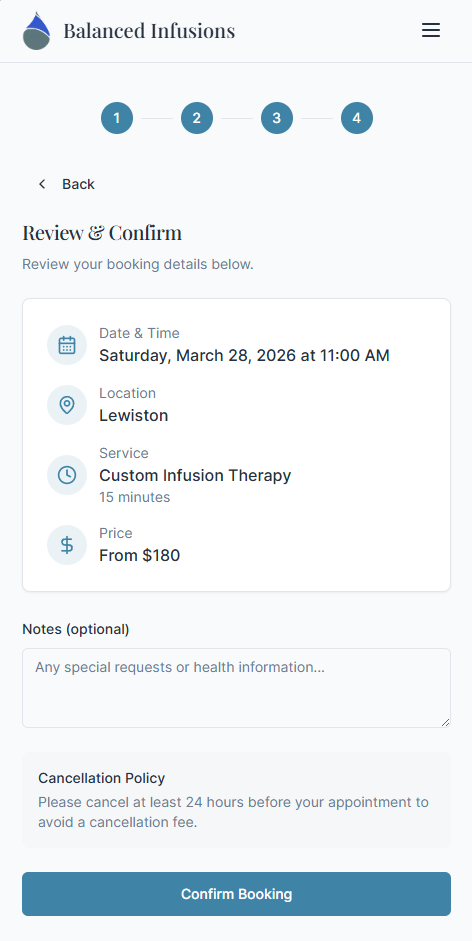 Balanced Infusions booking screen